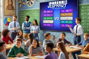 students playing classroom review game Jeopardy