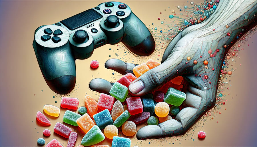 A close-up of a hand reaching for an assortment of colorful freeze-dried candies with a gaming controller visible in the background, emphasizing convenience and variety.