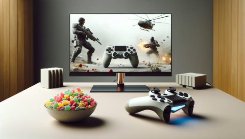 A modern gaming setup featuring a gaming console, a controller, and a bowl of colorful freeze-dried candies, highlighting the perfect gaming snack.