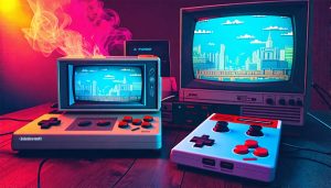 A retro gaming setup featuring vintage consoles such as Atari 2600 and Nintendo Gameboy alongside a modern THC vape device, illustrating the blend of classic and contemporary technology.