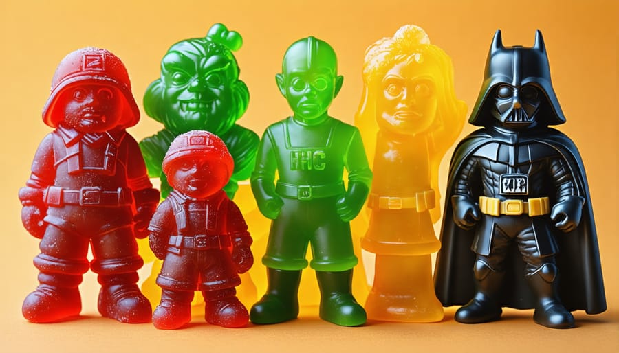 HHC gummies shaped like retro video game characters, brightly colored