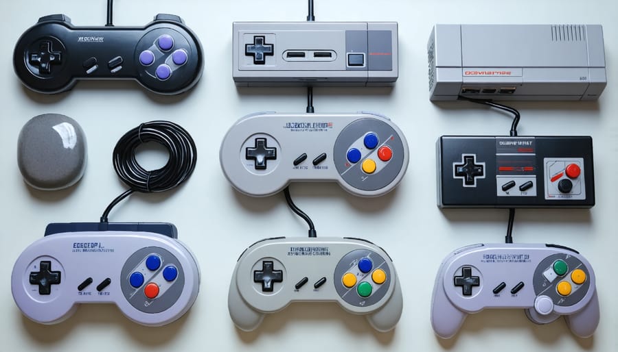 Retro gaming consoles and controllers laid out as a collection