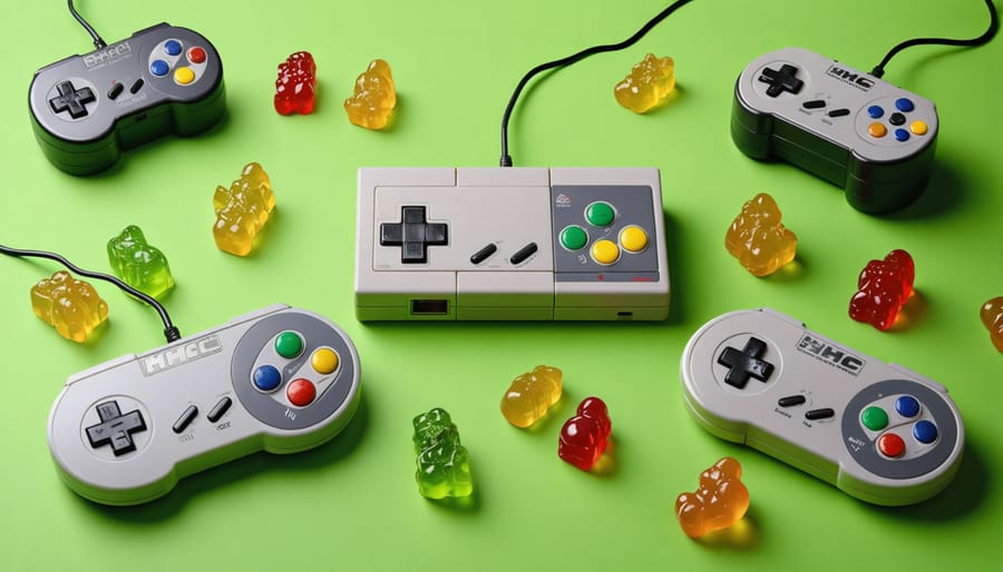 A creative blend of vintage gaming consoles and controllers interspersed with vibrant HHC gummies shaped like classic video game characters, depicting a nostalgic fusion of retro gaming and modern edibles.