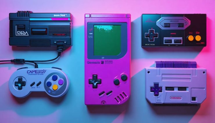 A creative collage depicting iconic retro gaming consoles like Atari 2600 and Gameboy, artistically integrated with modern vape devices, accentuated by neon lights and vaporwave art elements.