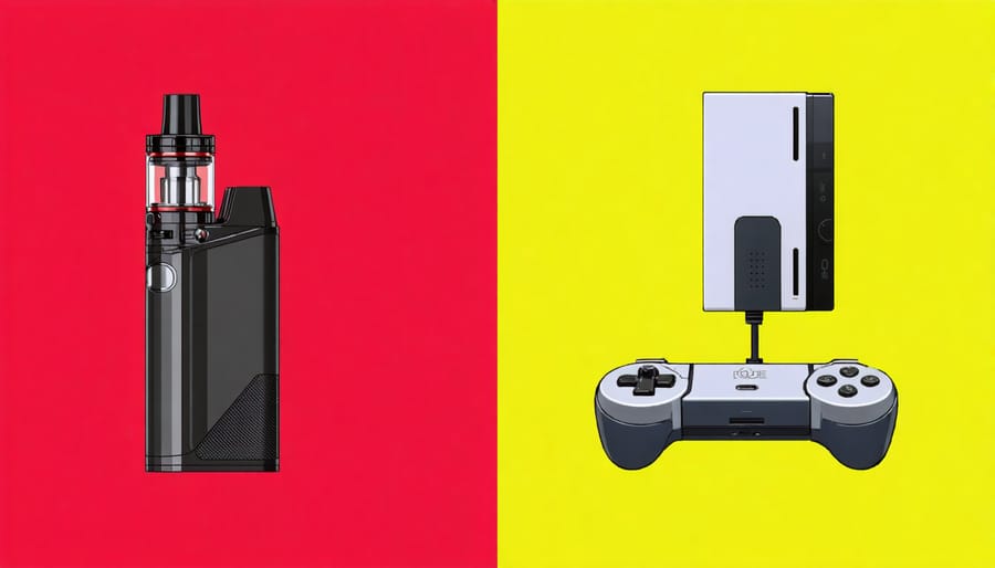 Comparison between a stylish vape device and a classic gaming console, illustrating design similarities