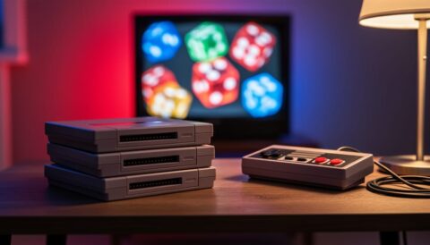 Close-up of retro game cartridges and a classic controller on a coffee table, with a softly glowing CRT showing abstract casino-style neon and dice bokeh in the background.