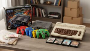 Vintage Sega Mega Drive box, Nintendo 64 with controllers, and a Commodore 64 with datasette arranged on a wooden table beside British pound notes and packing supplies, softly lit with a blurred living-room background.