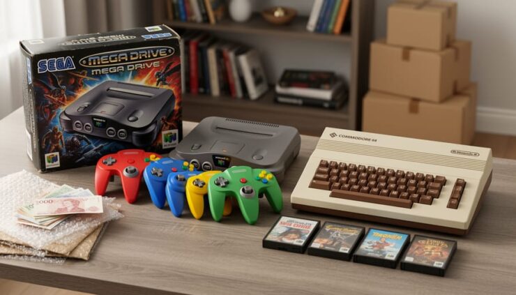 Vintage Sega Mega Drive box, Nintendo 64 with controllers, and a Commodore 64 with datasette arranged on a wooden table beside British pound notes and packing supplies, softly lit with a blurred living-room background.