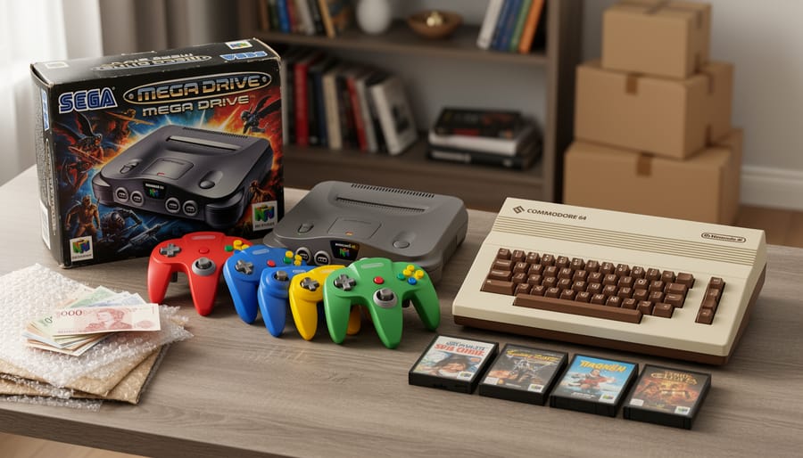 Vintage Sega Mega Drive box, Nintendo 64 with controllers, and a Commodore 64 with datasette arranged on a wooden table beside British pound notes and packing supplies, softly lit with a blurred living-room background.