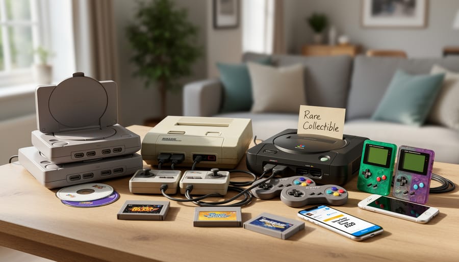 Collection of vintage gaming consoles including NES, Sega Mega Drive, PlayStation and Game Boy on wooden table