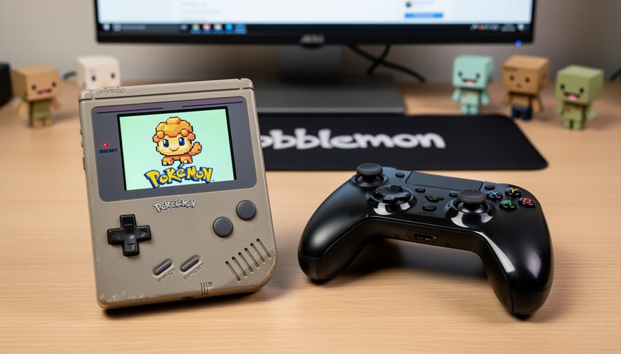 Handheld retro game console next to a modern controller on a wooden desk with small game cases.