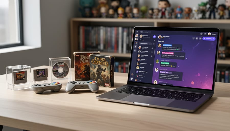 Cartridges and handheld console displayed on shelves next to a laptop in a warm-lit room.
