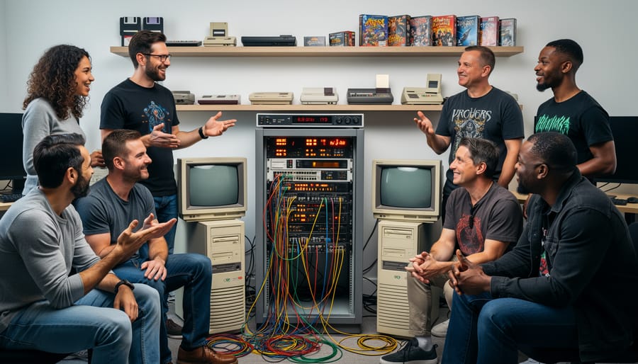 Two retro gaming collectors chatting and adjusting a computer gaming setup with glowing monitor light.