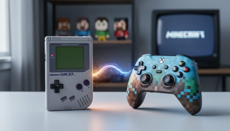 Side-by-side view of a Game Boy–style handheld console and a modern gaming controller with a soft nostalgic glow suggesting a connection between retro collectors and Cobblemon gameplay.